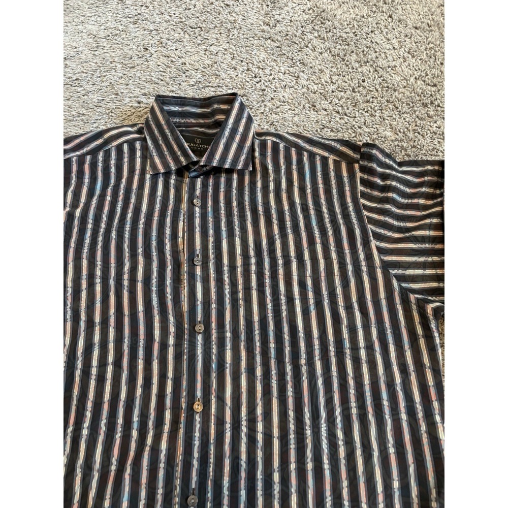 Bugatchi‎ Uomo Mens Dress Shirt Large Stripes Button Up Classic Fit